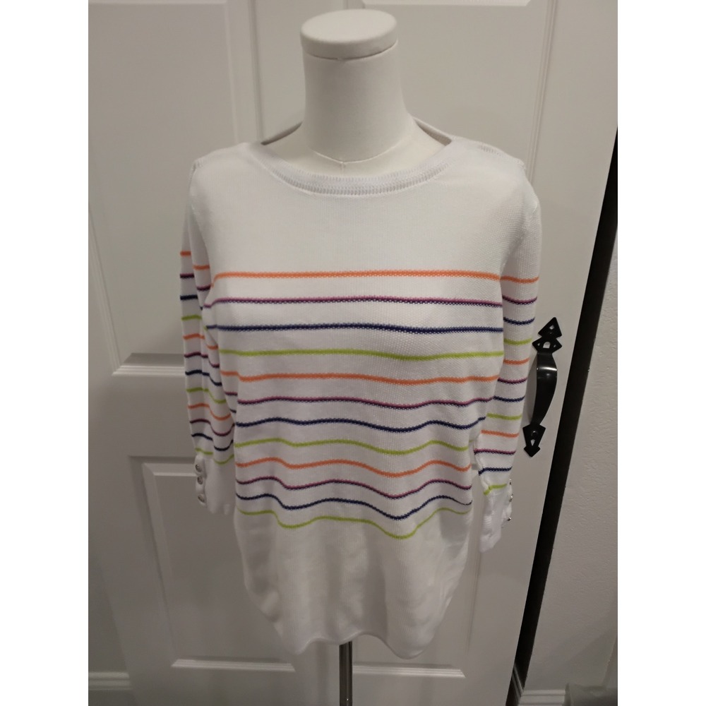 JOSEPH A Women's White Striped Crew Neck Knit Sweater Size L